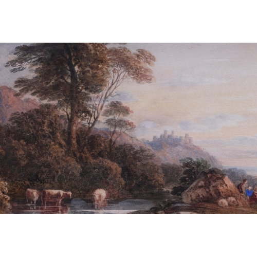 229 - John Varley (1778-1842) - Cattle Drinking at a Pond with Figures on a Path - signed & dated 1840 low... 