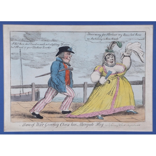 239 - A group of four 19th century hand coloured political satire engravings - Man of War Giving Chase to ... 