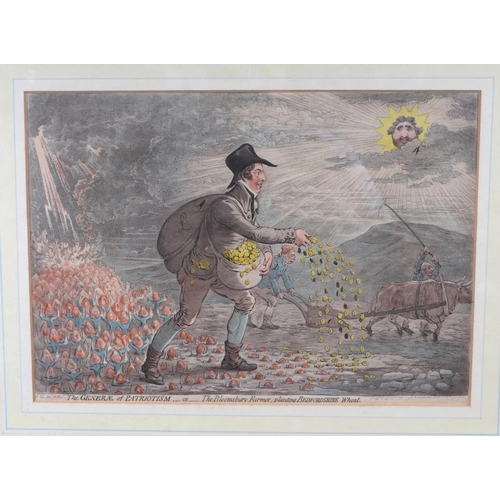 239 - A group of four 19th century hand coloured political satire engravings - Man of War Giving Chase to ... 