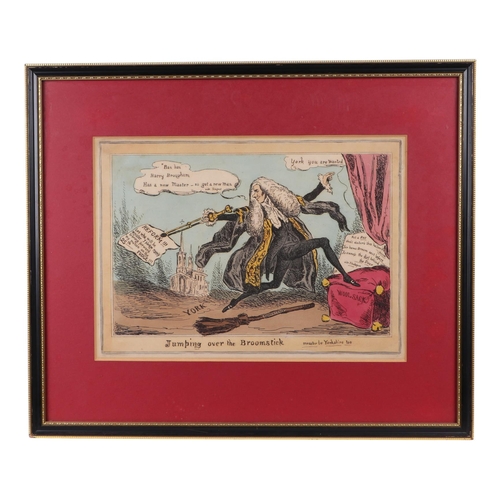 239 - A group of four 19th century hand coloured political satire engravings - Man of War Giving Chase to ... 