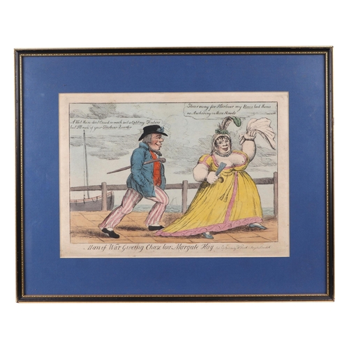 239 - A group of four 19th century hand coloured political satire engravings - Man of War Giving Chase to ... 