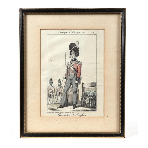 243 - A group of 19th century French coloured engravings depicting soldiers in various military uniforms, ... 