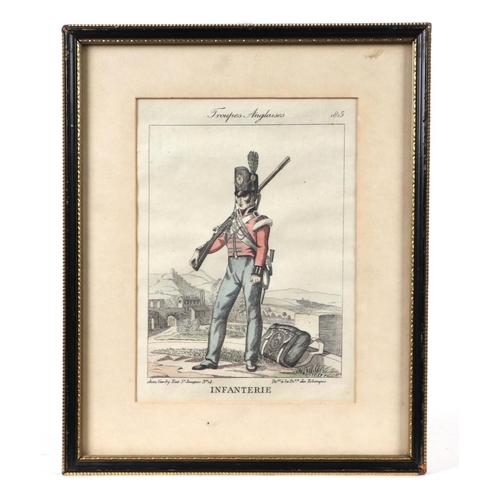 243 - A group of 19th century French coloured engravings depicting soldiers in various military uniforms, ... 