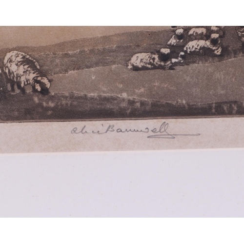 252 - Alice Bamwell - The Wolds - sheep beside a tree, signed in pencil to the margin, artist proof etchin... 