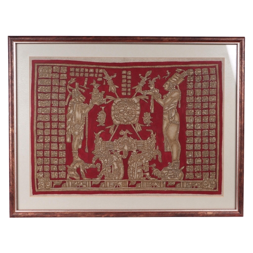 253 - South American school - A Mayan style suede panel depicting stylised figures, framed & glazed, 51 by... 