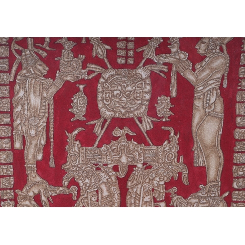 253 - South American school - A Mayan style suede panel depicting stylised figures, framed & glazed, 51 by... 