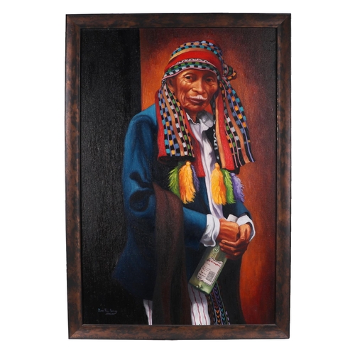 255 - Juan Sisay (Guatemalan school 1921-1989) - Portrait of a Shaman - signed lower left, oil on board, f... 