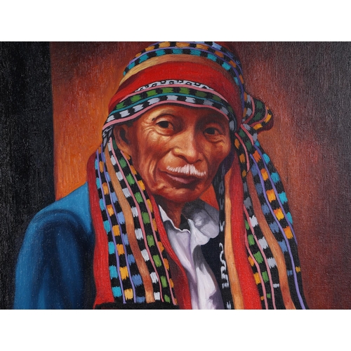 255 - Juan Sisay (Guatemalan school 1921-1989) - Portrait of a Shaman - signed lower left, oil on board, f... 