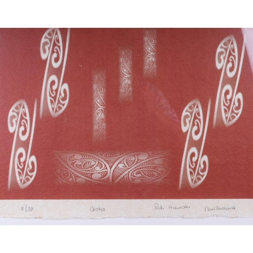 258 - Putti Hauraki (20th century New Zealand Maori school) - Aroha - limited edition 11/30 print on flax ... 