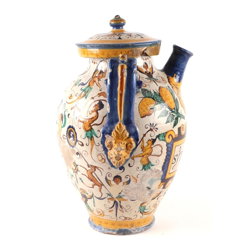 296 - An Italian Maiolica twin-handled apothecary jar and cover (possibly 17th century), 40cms high.Condit... 