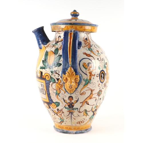 296 - An Italian Maiolica twin-handled apothecary jar and cover (possibly 17th century), 40cms high.Condit... 