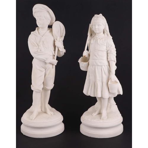 305 - A Parian figure depicting a young boy in a sailor's suit holding a fishing net, 40cms high; together... 