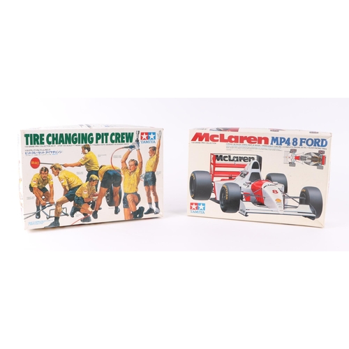 359 - A Tamiya 1/20 scale Maclaren, a  MP4/8 Ford, boxed; a Tamiya Tyre Changing Pit Crew 1/20 scale, boxe... 