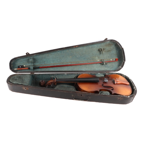 370 - A violin with 30ins one-piece back with indistinctly named bow, cased.