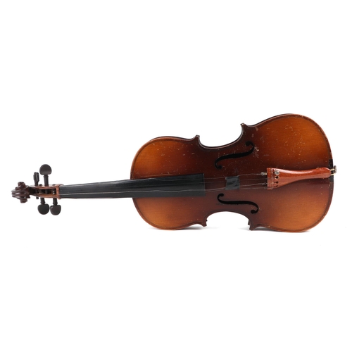 370 - A violin with 30ins one-piece back with indistinctly named bow, cased.