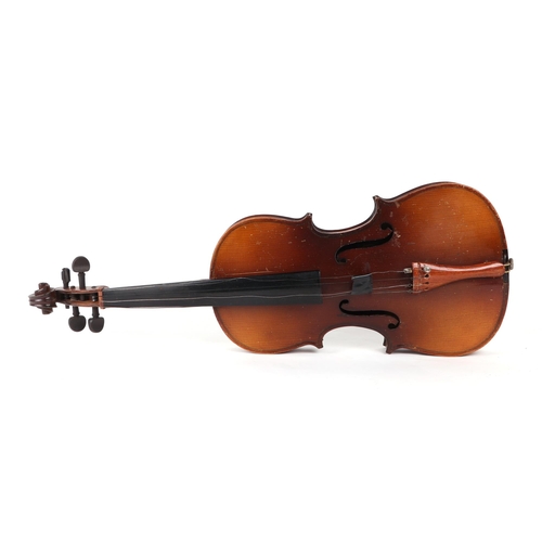 370 - A violin with 30ins one-piece back with indistinctly named bow, cased.