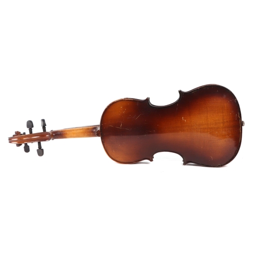 370 - A violin with 30ins one-piece back with indistinctly named bow, cased.