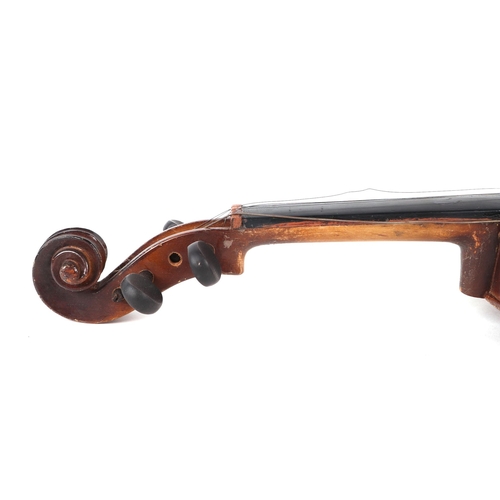 370 - A violin with 30ins one-piece back with indistinctly named bow, cased.