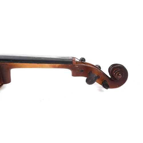 370 - A violin with 30ins one-piece back with indistinctly named bow, cased.