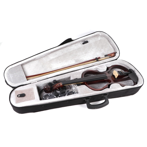 371 - An electric Skeletal violin with bow and headphones, cased.