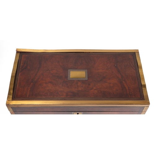 378 - A Victorian brass bound burr walnut writing slope, 50cms wide (a/f).