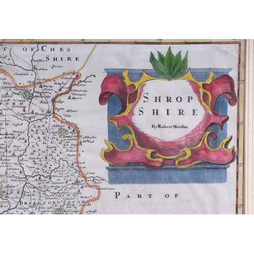 38 - Morden (Robert) (1650-1703) - a hand coloured map of Shropshire, framed & glazed, 42 by 37cms.