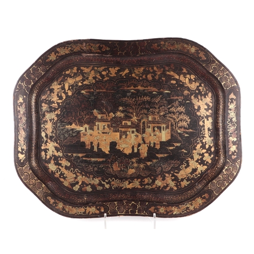 387 - A 19th century black lacquer tray with chinoiserie decoration depicting a landscape scene with figur... 