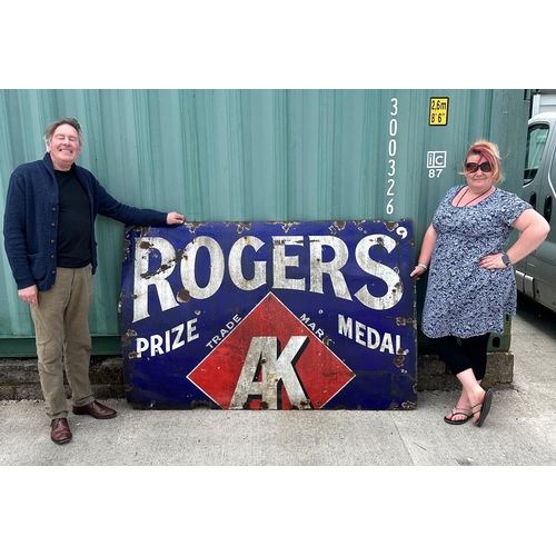 398 - A large original enamel advertising sign 'ROGERS PRIZE MEDAL TRADEMARK AK', 183 by 123cms.Condition ... 