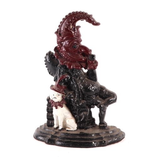 403 - A painted cast iron doorstop in the form of Punch with his dog, 32cms high.