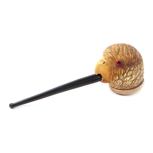 420 - A corn cob pipe, the bowl carved in the form of a parrot with glass eyes, 15cms long.