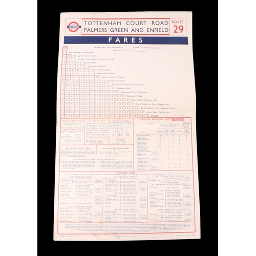 423 - Transport interest:  A London Transport Tramways Fares chart, Route 29 for Tottenham Court Road, Pal... 