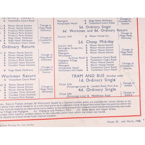 423 - Transport interest:  A London Transport Tramways Fares chart, Route 29 for Tottenham Court Road, Pal... 