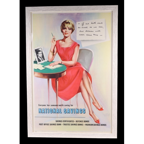 424 - An original 1950's National Savings poster depicting a youg lady seated at a desk, 50 by 75cms, fram... 