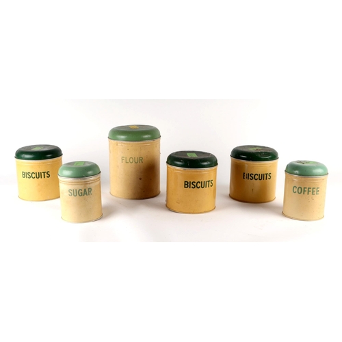 430 - A group of 1950's Worcester Ware tin cream and green storage jars and canisters to include Flour, Bi... 