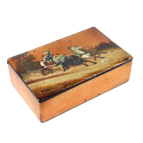 433 - A Russian lacquered box, the cover depicting Troika in a snowy landscape, 18cms wide.