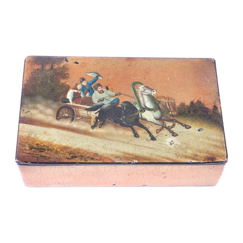 433 - A Russian lacquered box, the cover depicting Troika in a snowy landscape, 18cms wide.