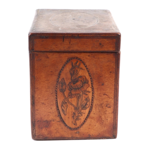 434 - A Georgian burr walnut tea caddy with inlaid decoration depicting birds and flowers, 11cms wide.