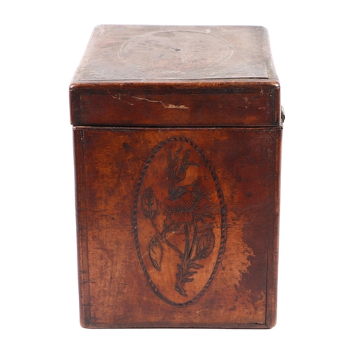 434 - A Georgian burr walnut tea caddy with inlaid decoration depicting birds and flowers, 11cms wide.