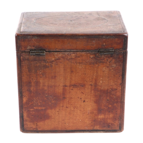 434 - A Georgian burr walnut tea caddy with inlaid decoration depicting birds and flowers, 11cms wide.