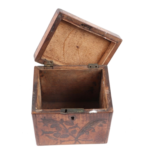 434 - A Georgian burr walnut tea caddy with inlaid decoration depicting birds and flowers, 11cms wide.