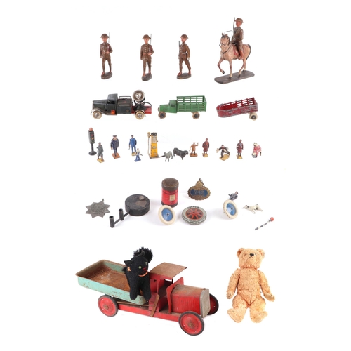 439 - A quantity of vintage tinplate and other toys to include Tri-ang Lines Bros tipper truck, other truc... 