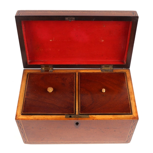 443 - A late 18th century mahogany tea caddy with marquetry inlaid decoration, 23cms wide.