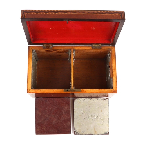 443 - A late 18th century mahogany tea caddy with marquetry inlaid decoration, 23cms wide.