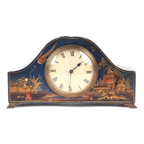 478 - A French mantle clock, the silvered dial with Roman numerals in a chinoiserie lacquered case, 24cms ... 