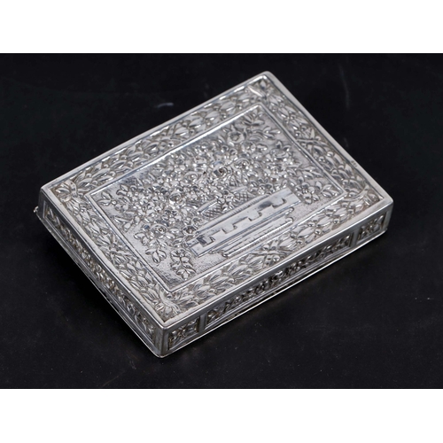 504 - A continental silver box, the hinged rectangular lid decorated with a basket of flowers, 9cms wide, ... 