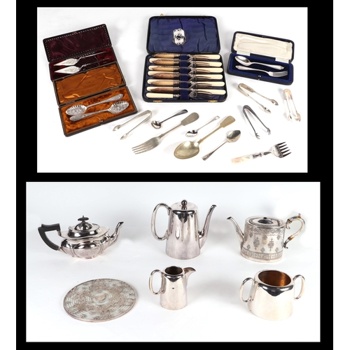 540 - A quantity of silver plated items to include tea sets, cased cutlery; and loose flatware.