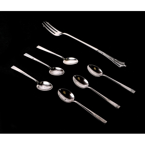 542 - A set of six silver teaspoons, Birmingham 1935; together with a silver pickle fork, 54g (2).