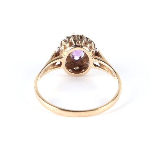 605 - A 9ct gold amethyst and diamond cluster ring, approx UK size M, 1.9g.