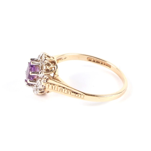 605 - A 9ct gold amethyst and diamond cluster ring, approx UK size M, 1.9g.