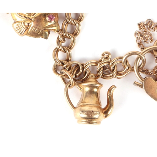 637 - A 9ct gold charm bracelet with twelve 9ct gold charms, two 14ct gold charms and two yellow metal cha... 